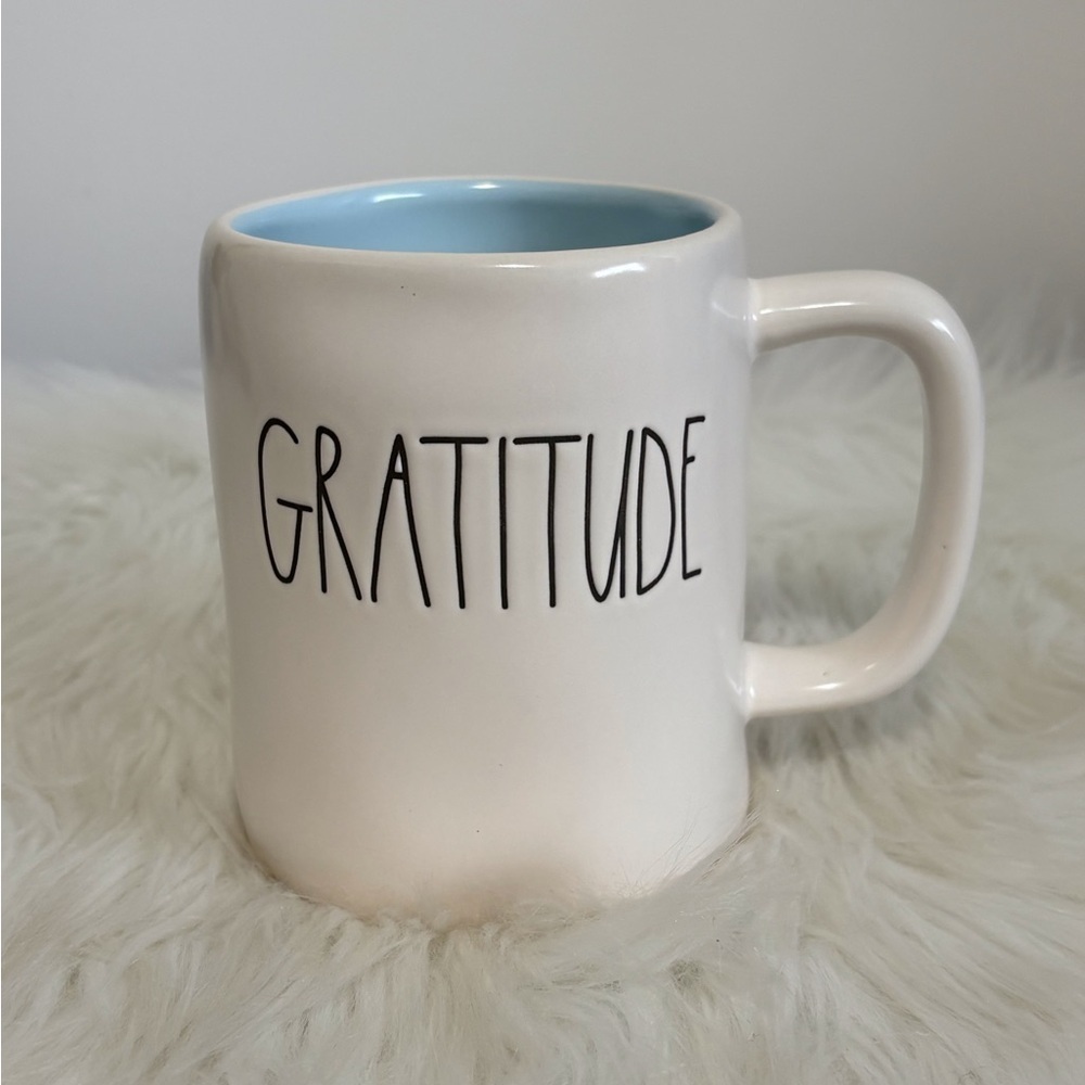 (172)Rae Dunn Gratitude Mug in White and Light Blue